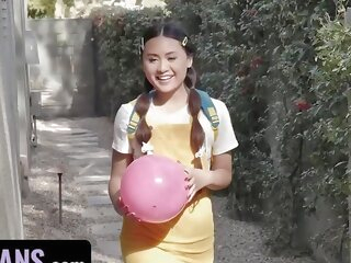 doggystyle Teen Princess Ella Voneva Gets Her Asian Pussy Rammed By Diamond Banks' Huge Strap On - LittleAsians FFM Threesome babe small tits